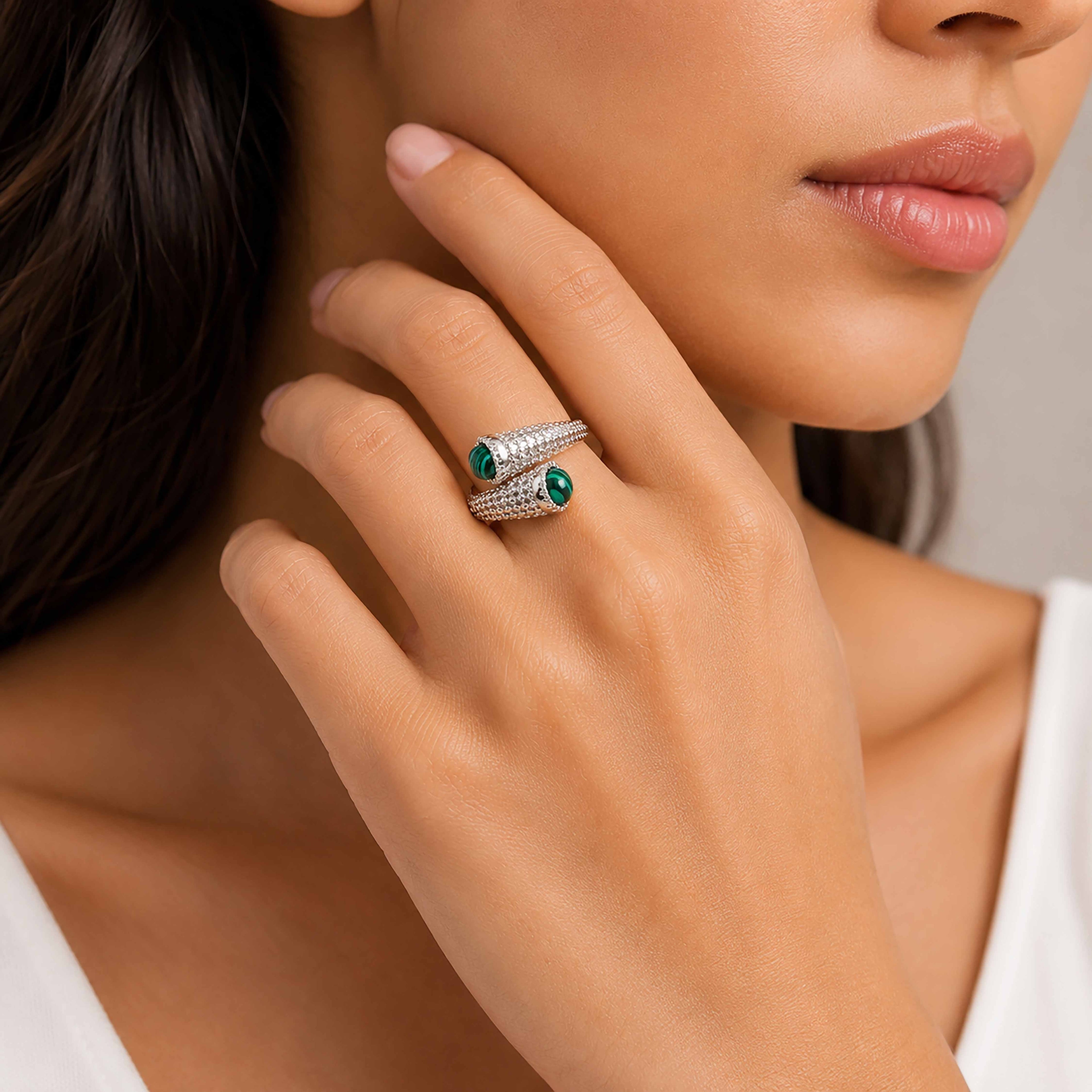Esme Silver Malachite Textured Mesh Open Ring