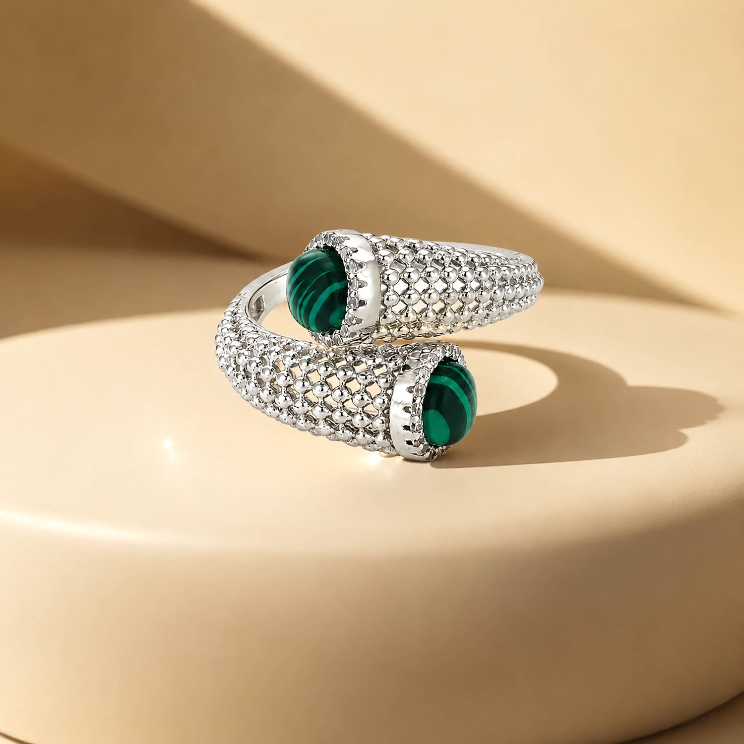 Esme Silver Malachite Textured Mesh Open Ring