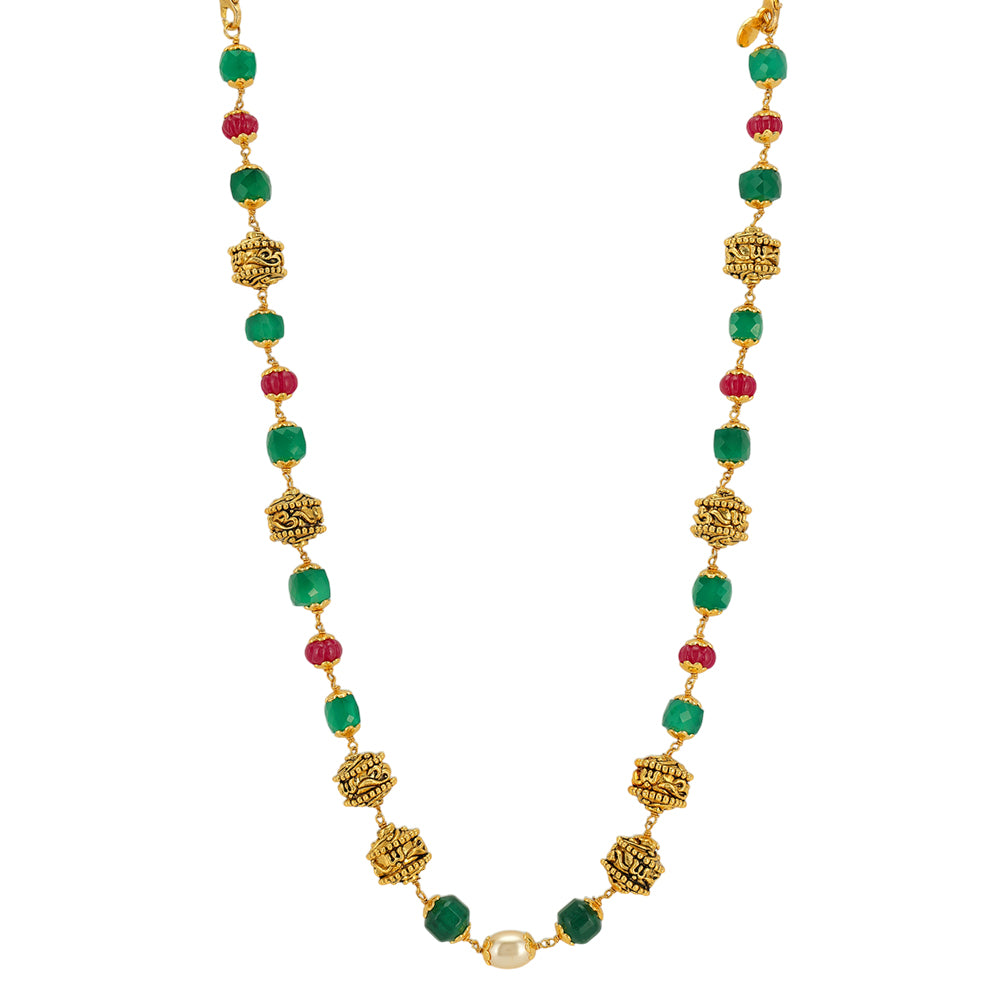 Eternal Om Designed Red Green Beads 925 Gold Plated Centered Pearl Mala