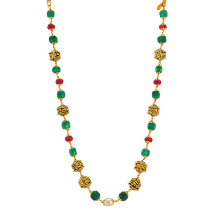 Eternal Om Designed Red Green Beads 925 Gold Plated Centered Pearl Mala