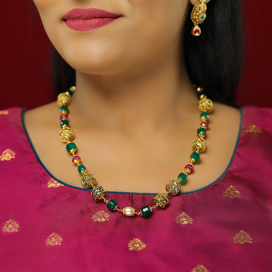 Eternal Om Designed Red Green Beads 925 Gold Plated Centered Pearl Mala