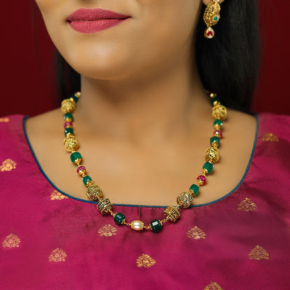 Eternal Om Designed Red Green Beads 925 Gold Plated Centered Pearl Mala