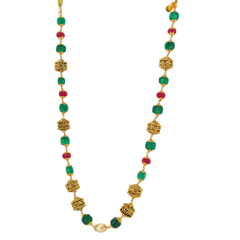 Eternal Om Designed Red Green Beads 925 Gold Plated Centered Pearl Mala