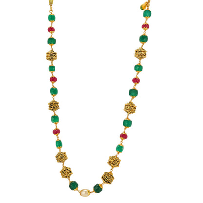 Eternal Om Designed Red Green Beads 925 Gold Plated Centered Pearl Mala