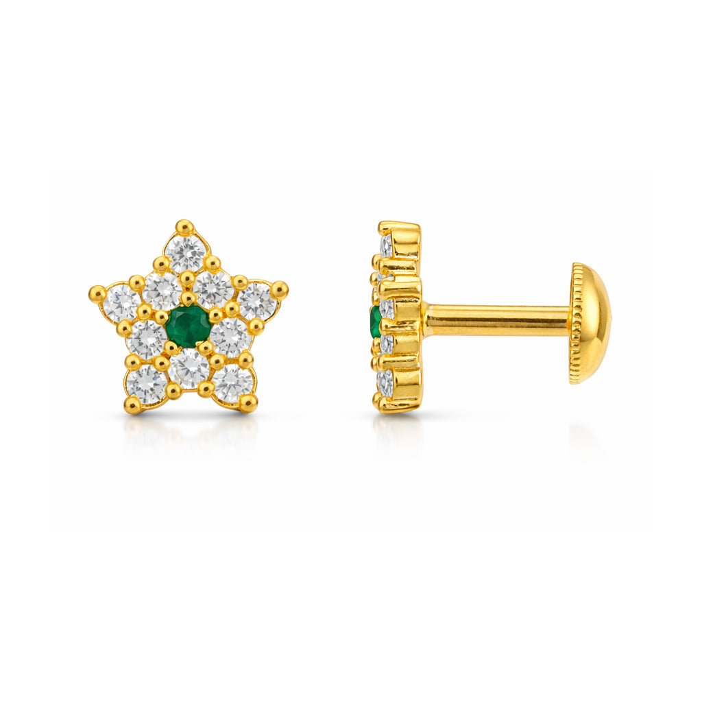 Gold star-shaped earring with green gemstone on a white background