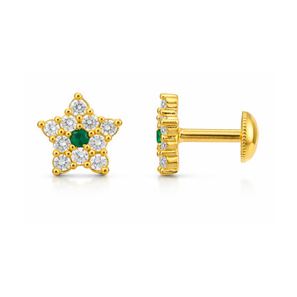 Gold star-shaped earring with green gemstone on a white background