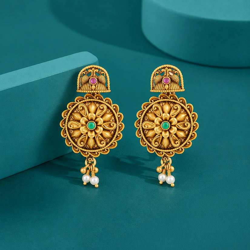 Ethnic Gold Plated Flower Motif Silver Earrings for Women