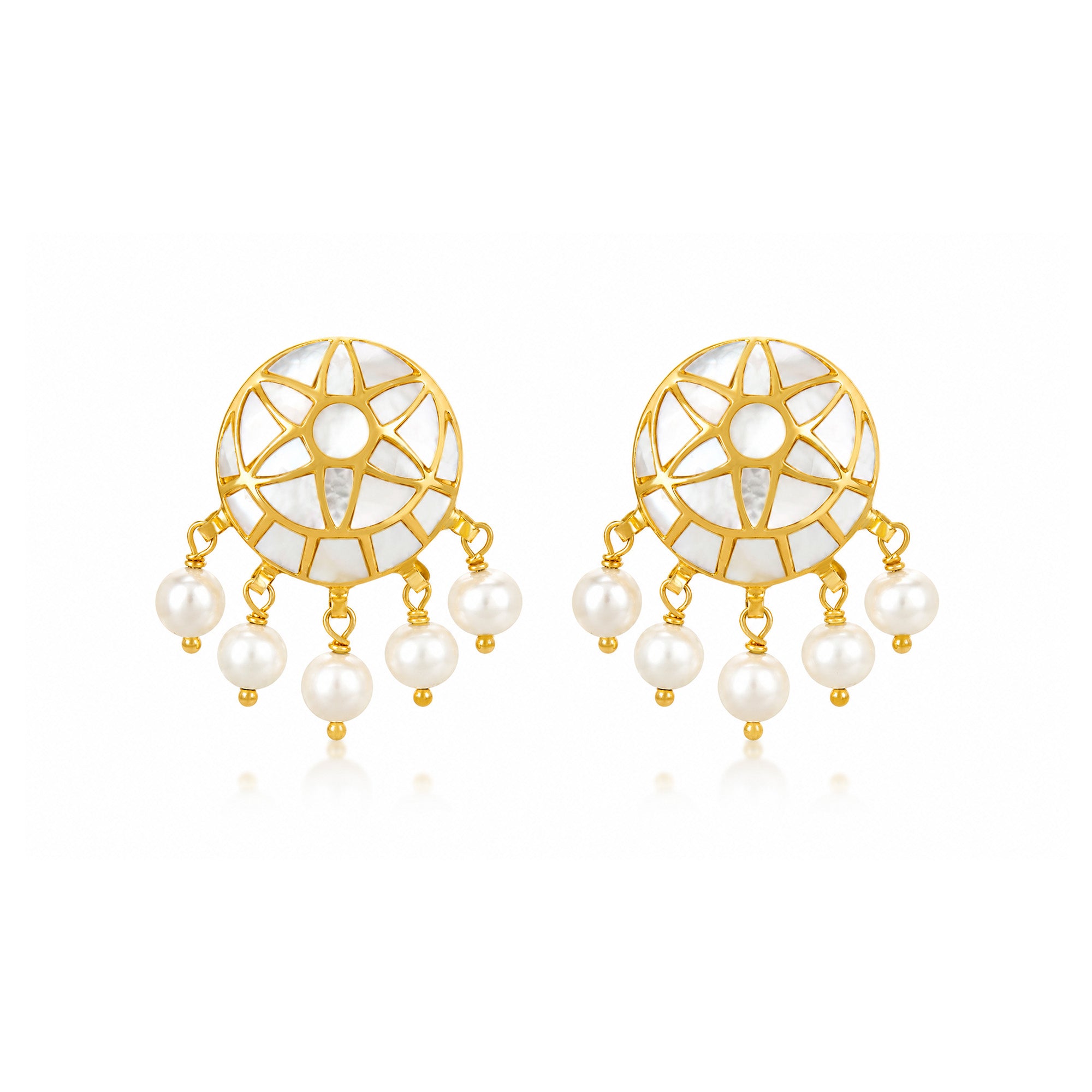 Ethnic Sunburst 925 Sterling Silver Pearl Drop Earrings