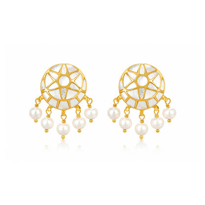 Ethnic Sunburst 925 Sterling Silver Pearl Drop Earrings