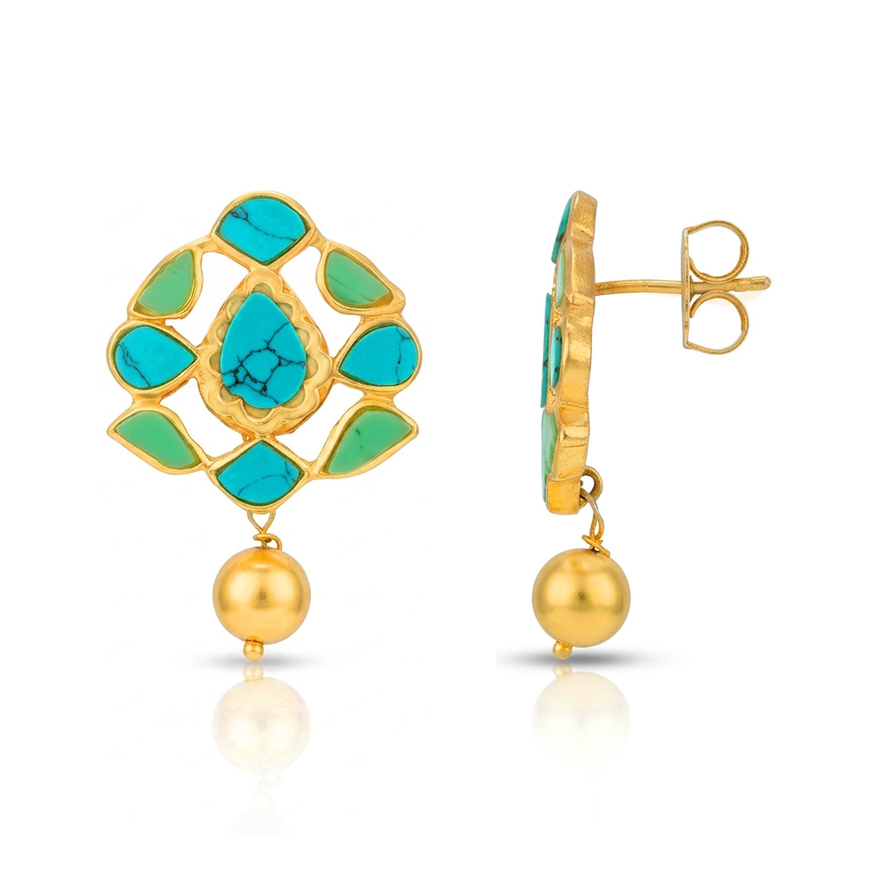 Ethnic Turquoise Golden Dangle 925 Sterling Silver Earrings