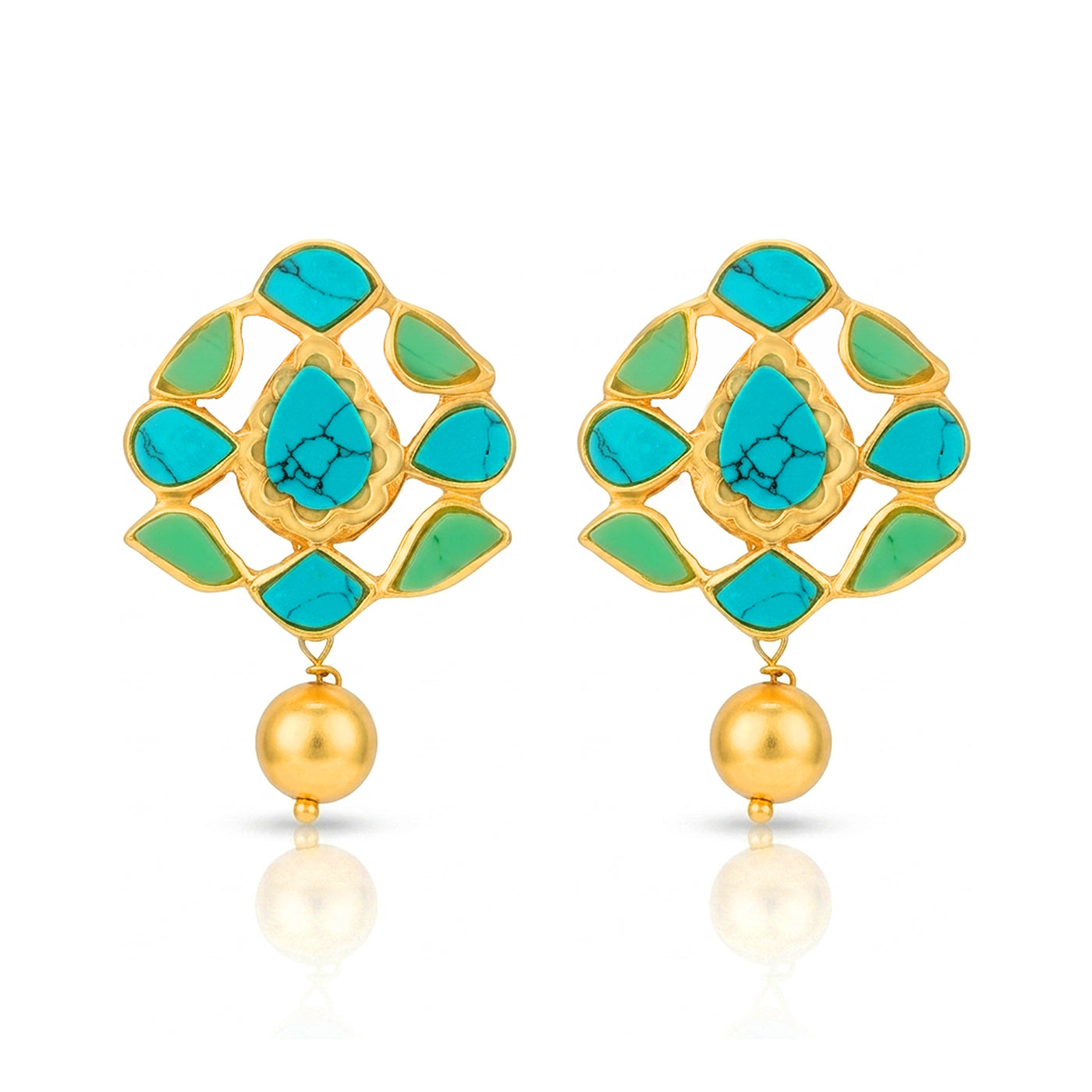 Ethnic Turquoise Golden Dangle 925 Sterling Silver Earrings
