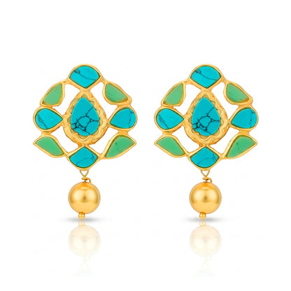 Ethnic Turquoise Golden Dangle 925 Sterling Silver Earrings