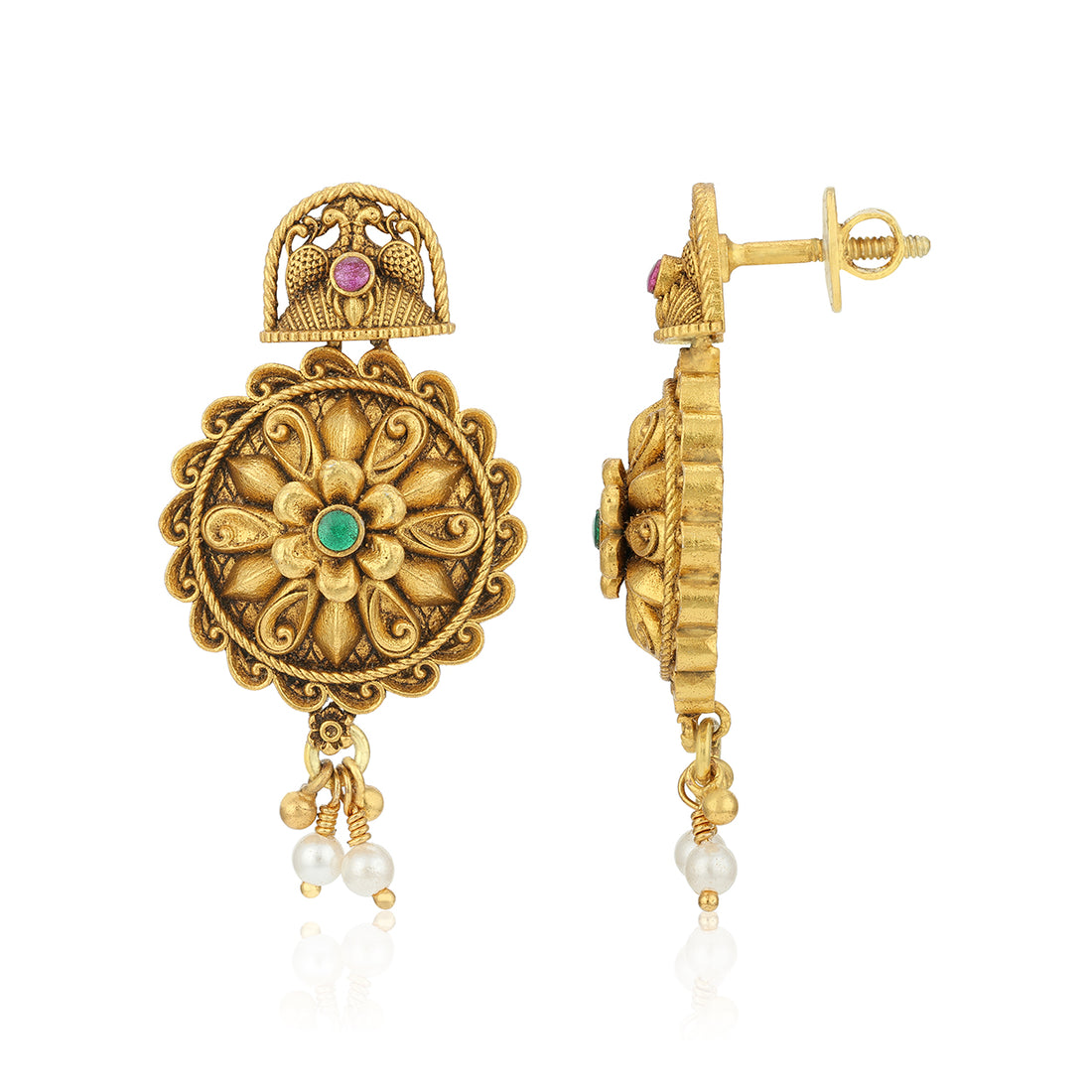 Gold earrings with intricate designs and gemstones on a white background