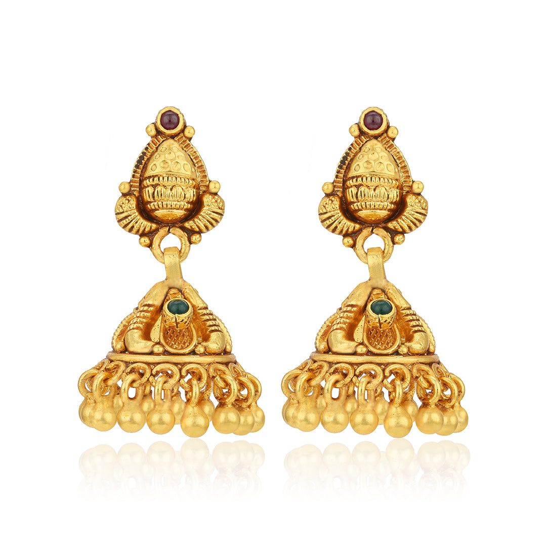 Pair of gold earrings with intricate designs on a white background