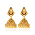 Pair of gold earrings with intricate designs on a white background
