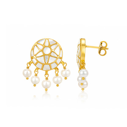 Ethnic Sunburst 925 Sterling Silver Pearl Drop Earrings