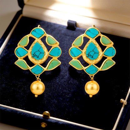 Ethnic Turquoise Golden Dangle 925 Sterling Silver Earrings