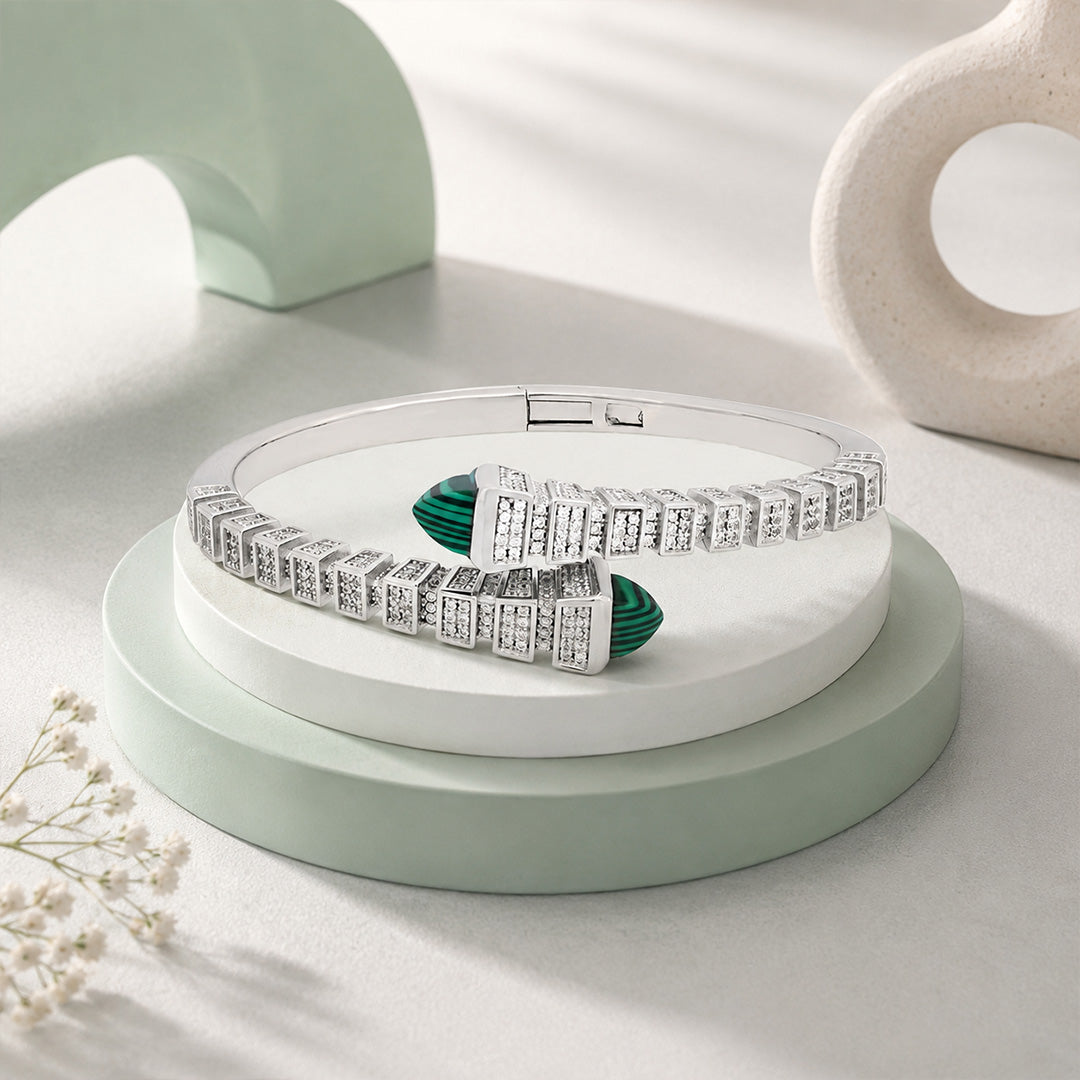 Exotic Green Stone Serpent 925 Sterling Silver Kada for Women