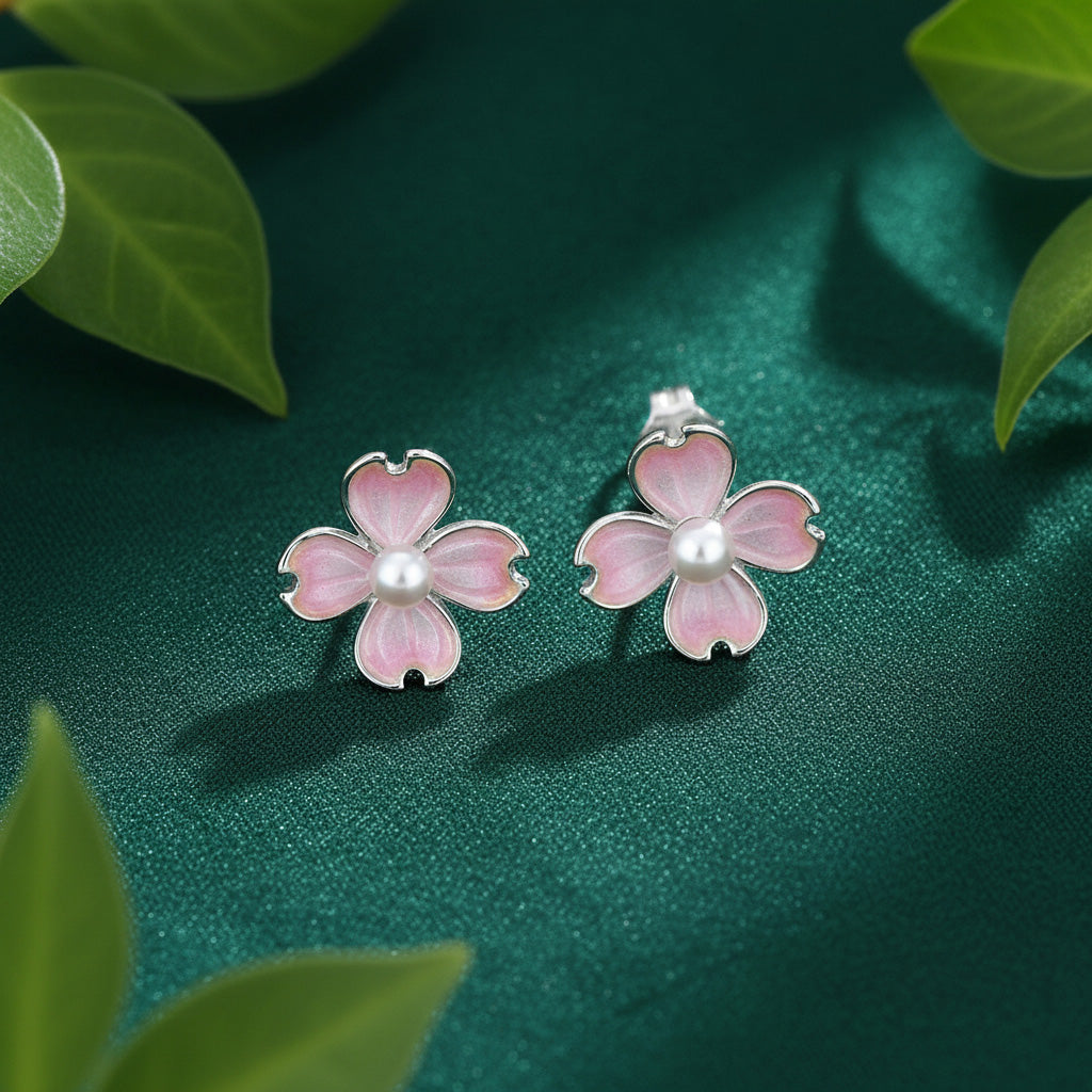 Pink flower-shaped earrings with a pearl center on a green fabric background.
