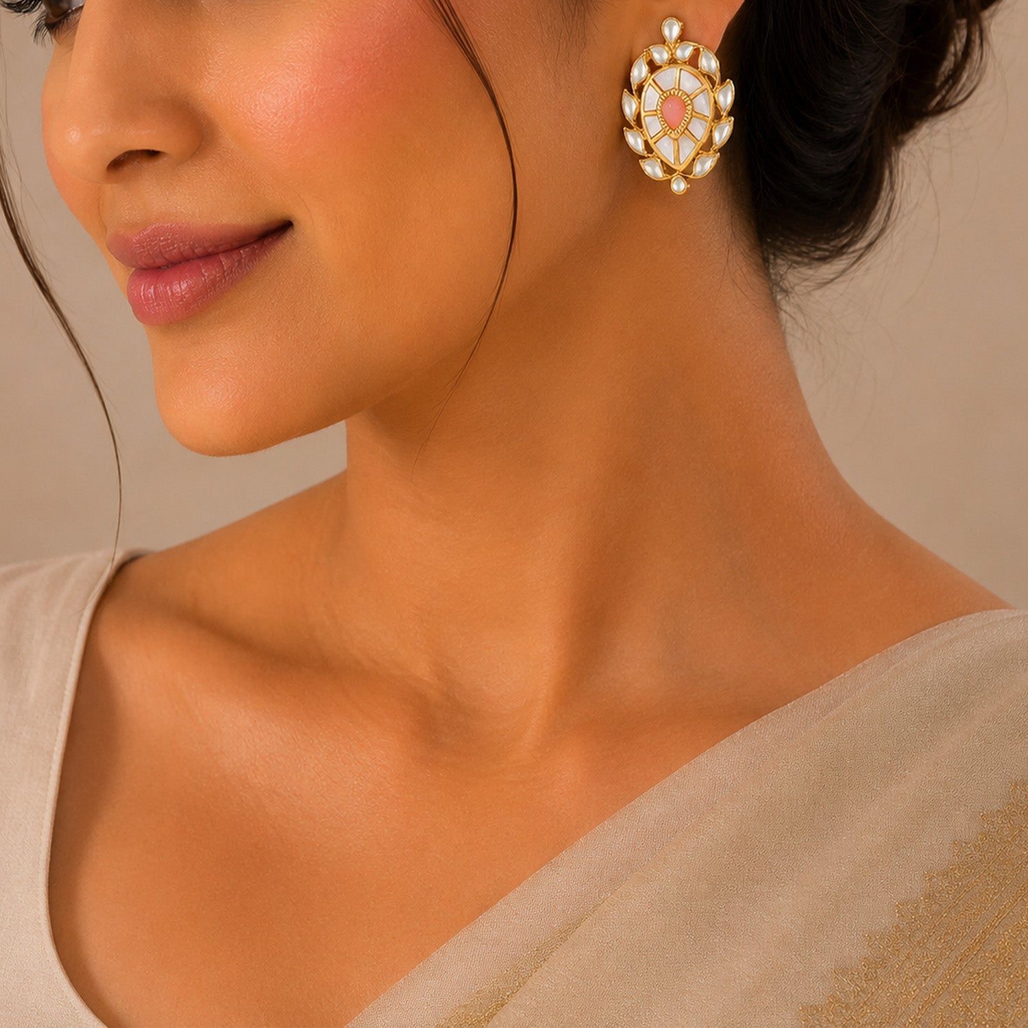 Festive Floral Polki Pearl 925 Sterling Silver Gold-Plated Earring