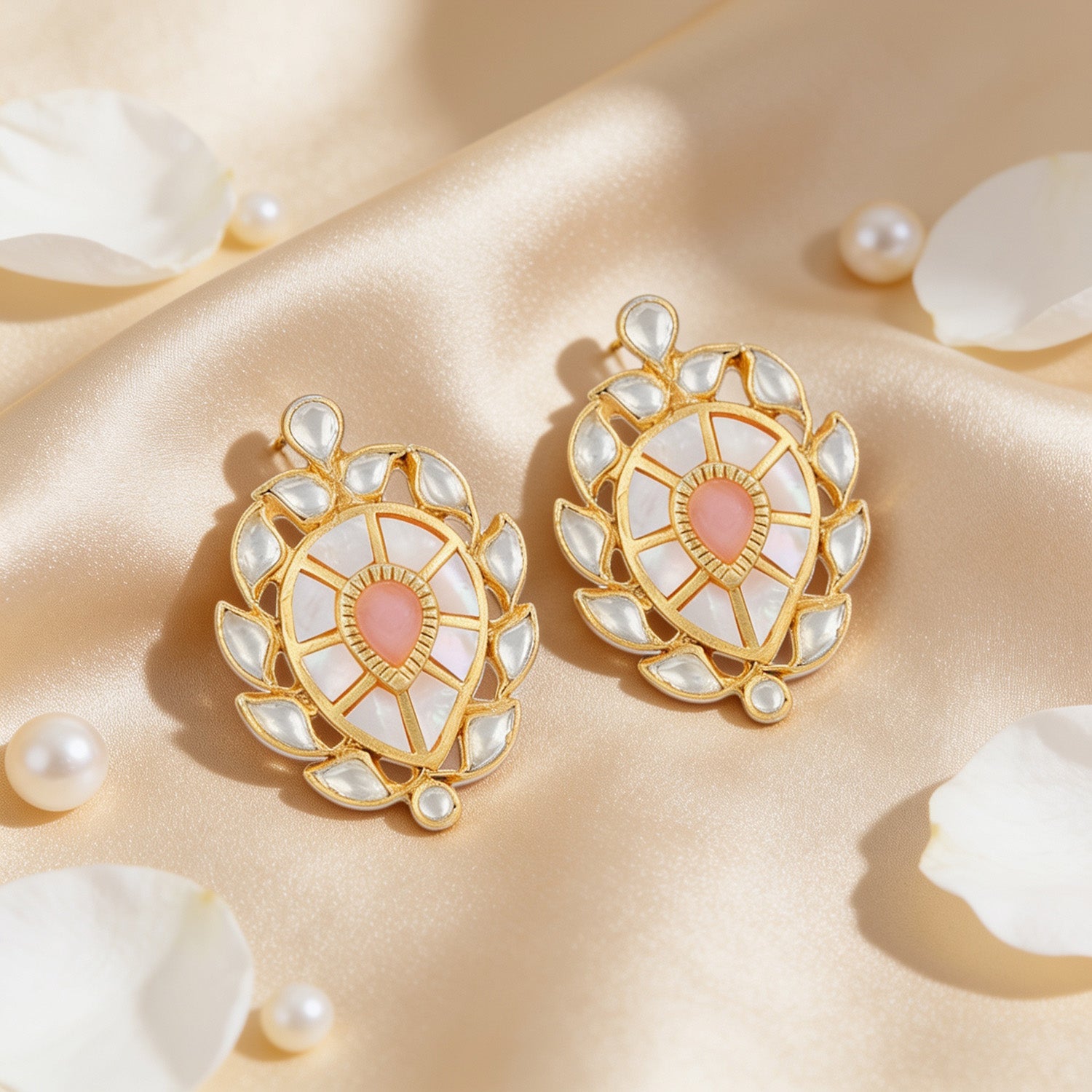 Festive Floral Polki Pearl 925 Sterling Silver Gold-Plated Earring