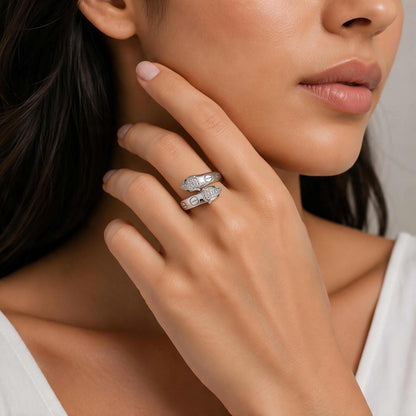 Fierce Emerald Eye Open Wrap Silver Ring