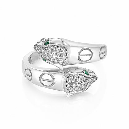 Fierce Emerald Eye Open Wrap Silver Ring