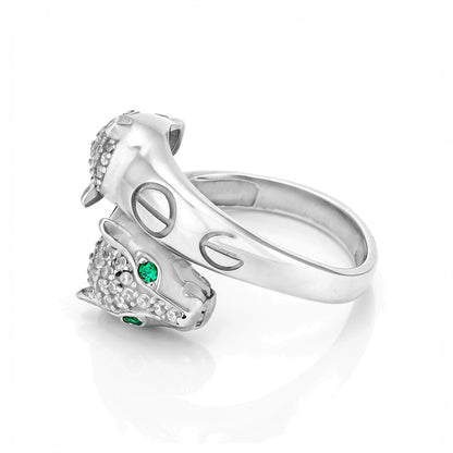 Fierce Emerald Eye Open Wrap Silver Ring
