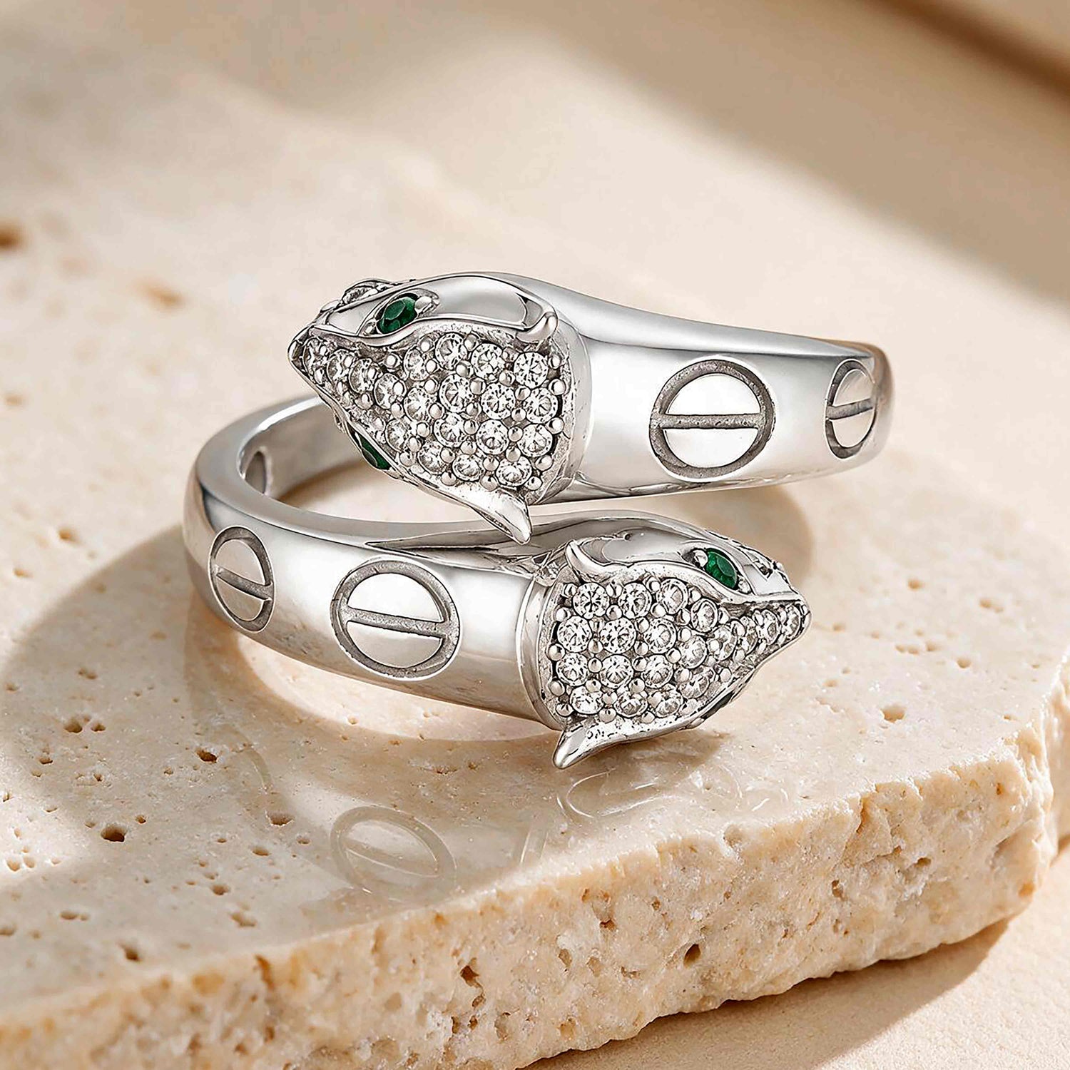 Fierce Emerald Eye Open Wrap Silver Ring