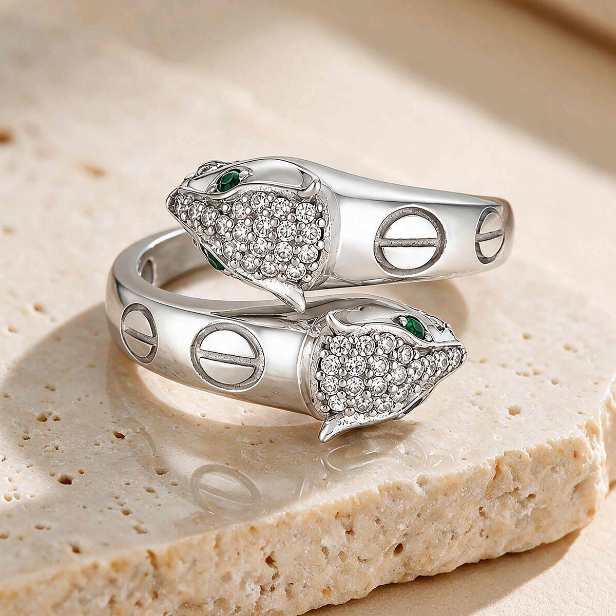 Fierce Emerald Eye Open Wrap Silver Ring