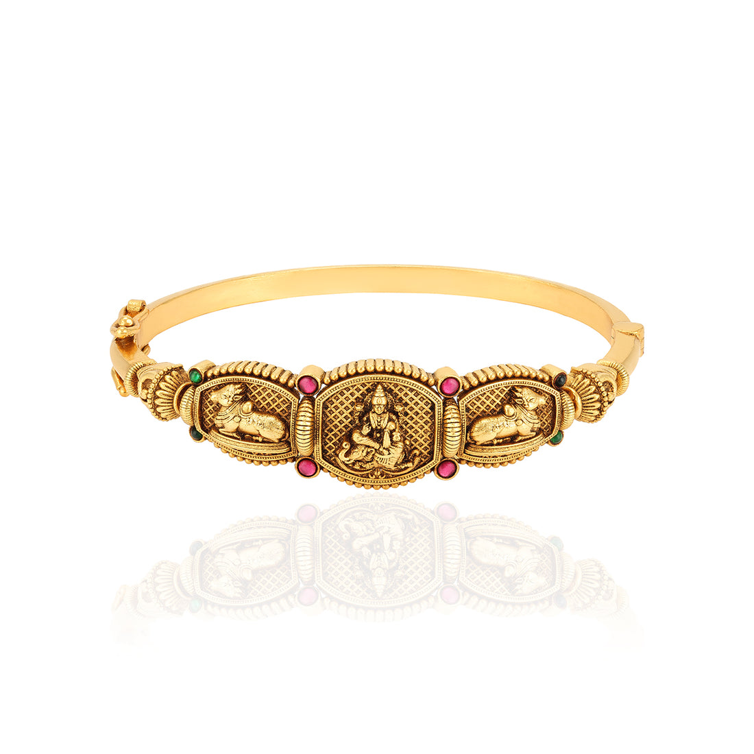 Fl925 Sterling silver Antique Lakshmi Nandhi Red Stoned Kada For Women