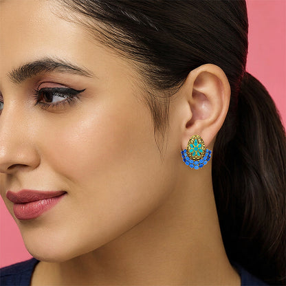 Floral Bee Golden 925 Sterling Silver Heritage Blue Stud Earrings