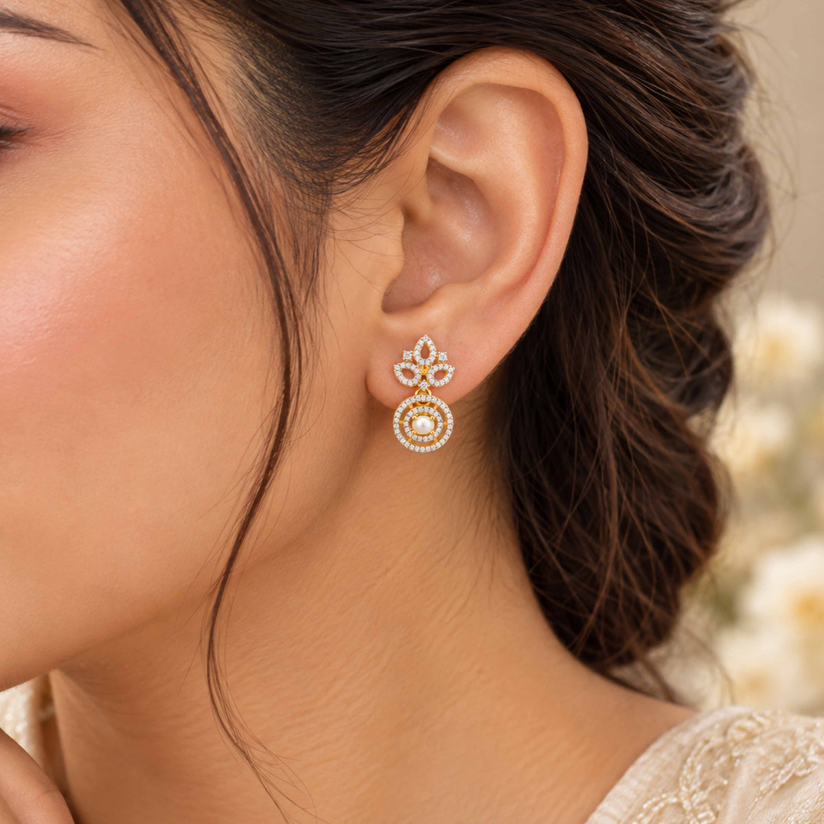 Floral Crown Pearl Silver Earring