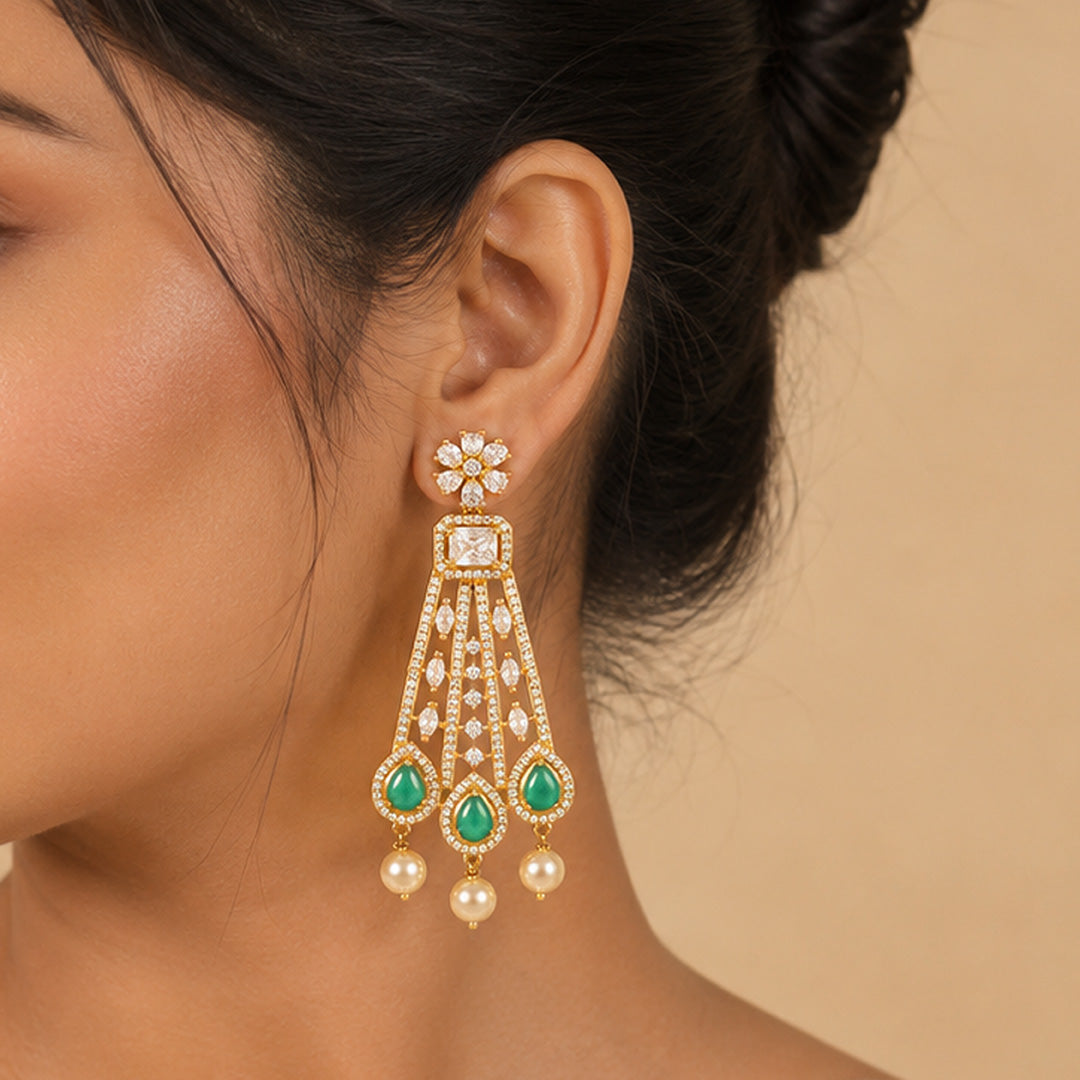 Floral Emerald Drop 925 Sterling Silver Chandelier Earrings