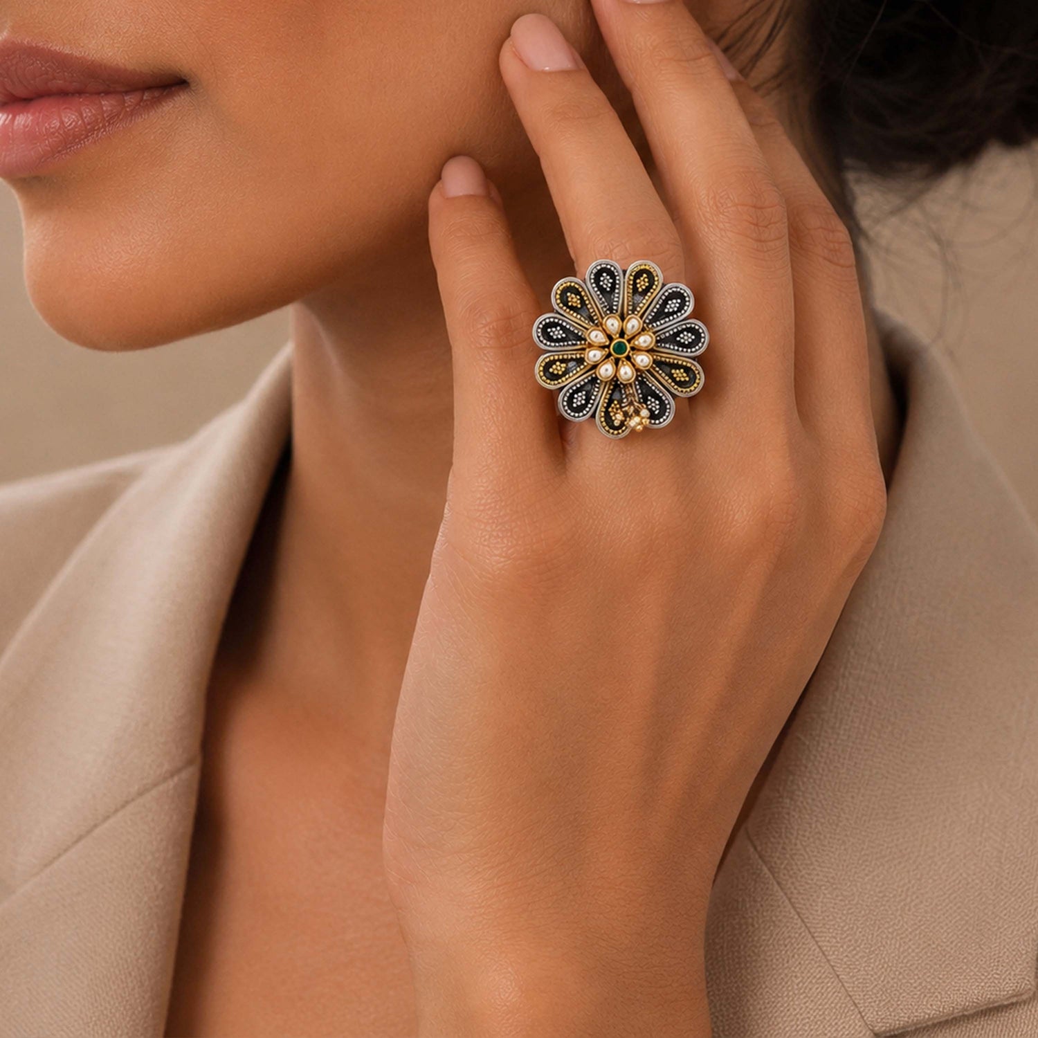 Floral Kundan 925 Sterling Silver Statement Ring