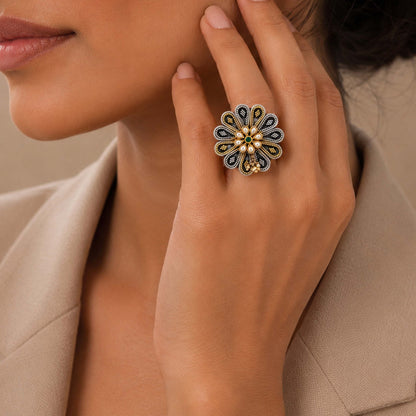 Floral Kundan 925 Sterling Silver Statement Ring