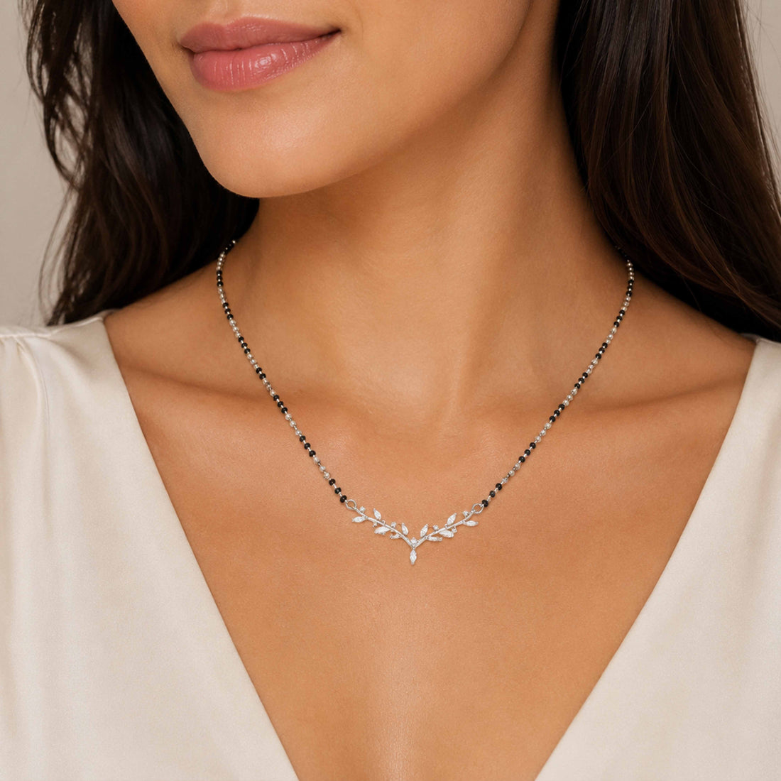 Floral Silver Marquise Crystal Mangalsutra Chain Pendant