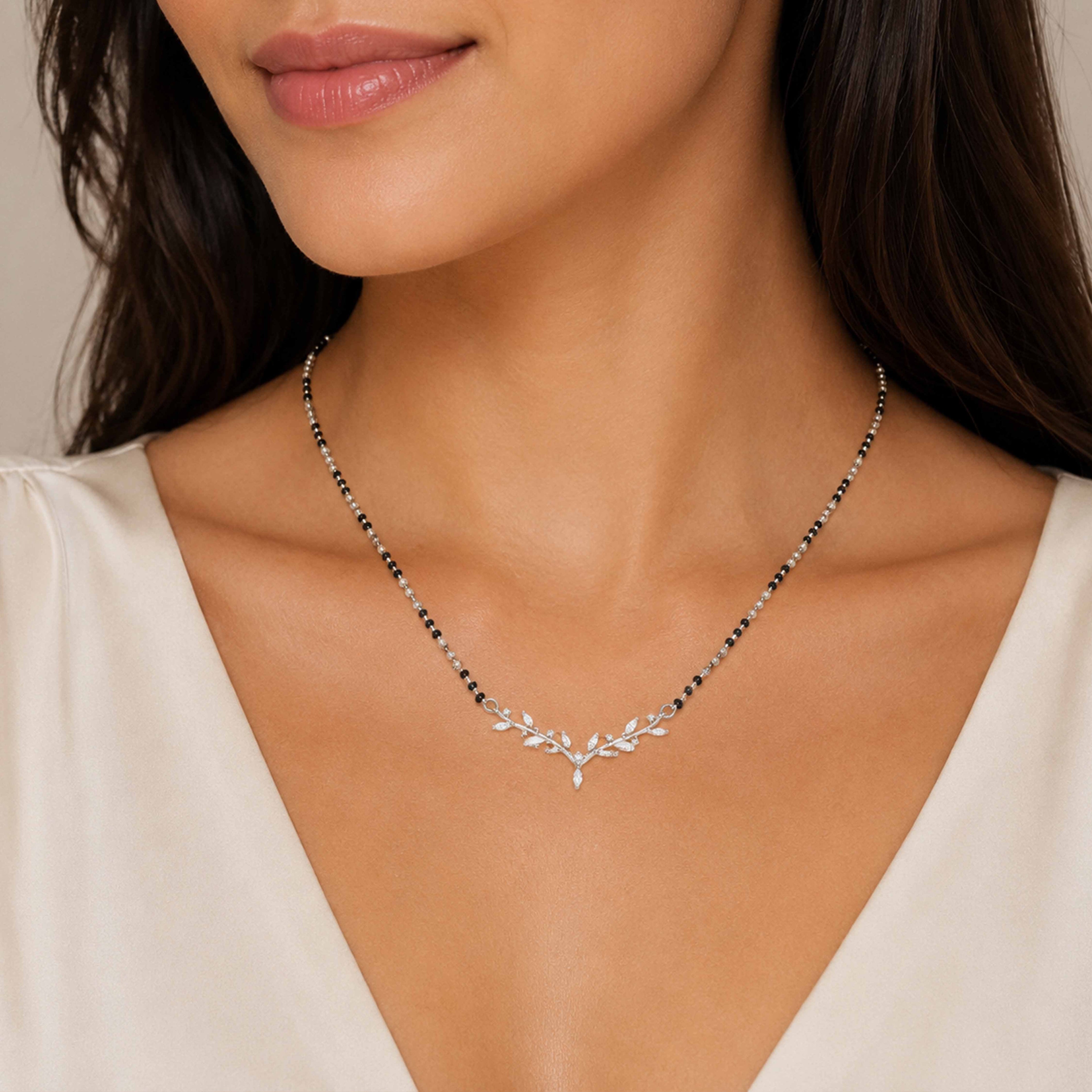 Floral Silver Marquise Crystal Mangalsutra Chain Pendant