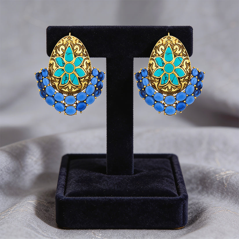 Floral Bee Golden 925 Sterling Silver Heritage Blue Stud Earrings