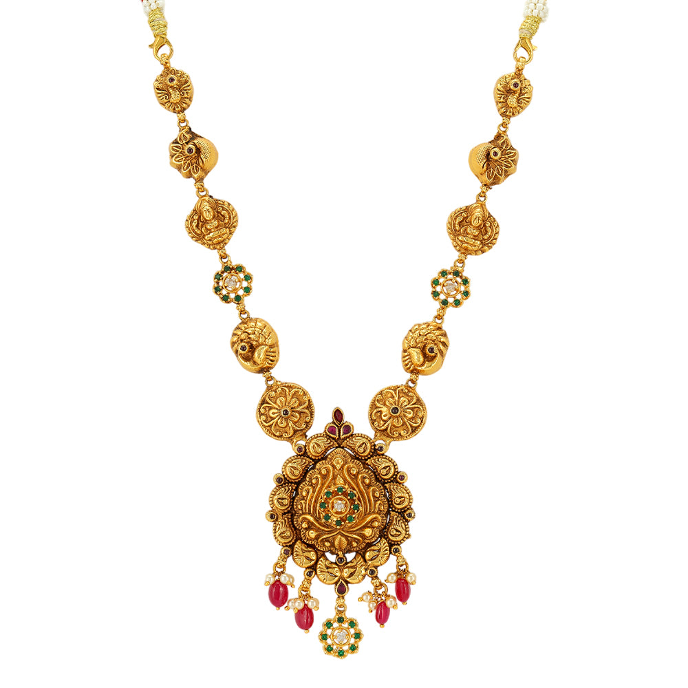 Floral Bliss Peacock Lakshmi Fusion 925 Gold Plated Necklace