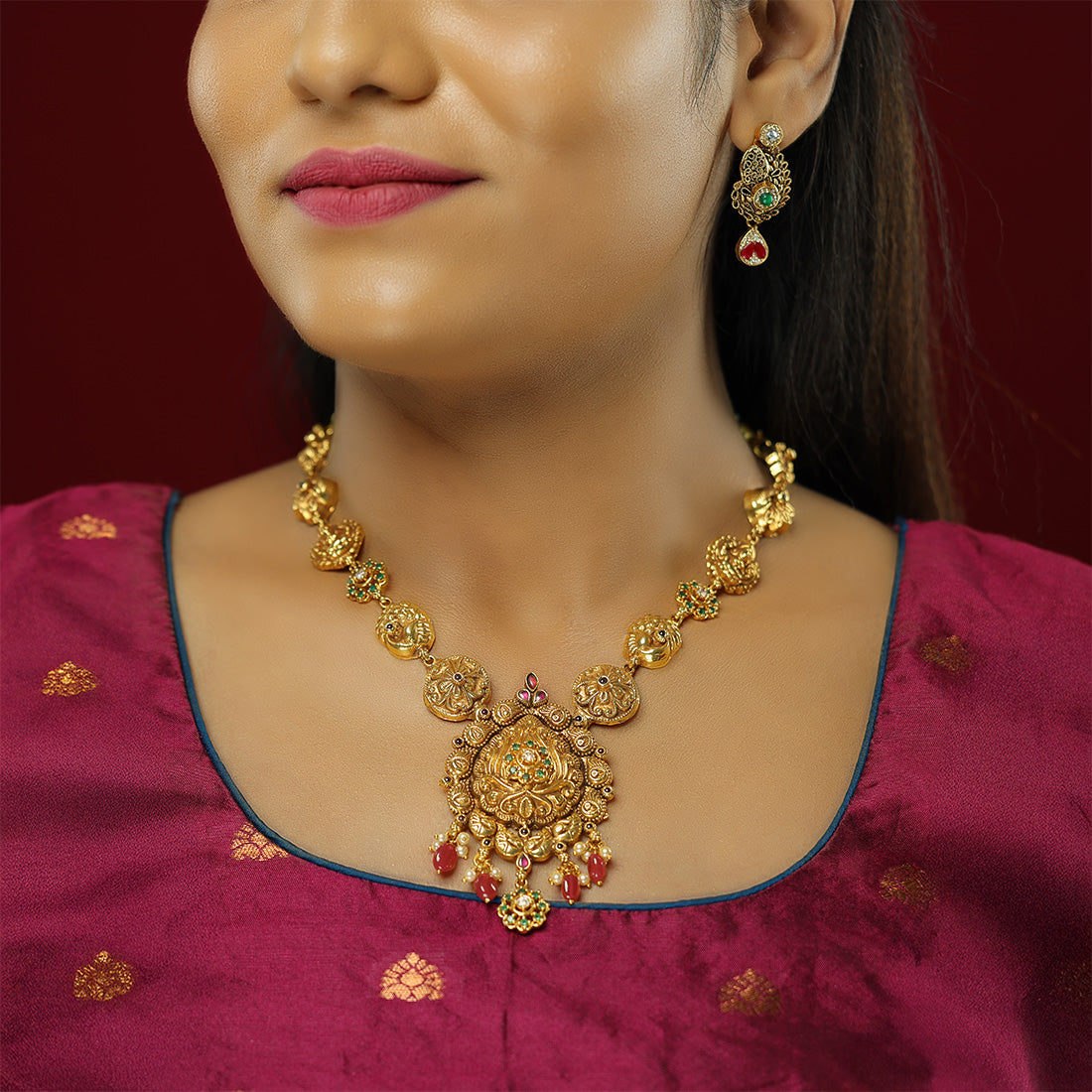 Floral Bliss Peacock Lakshmi Fusion 925 Gold Plated Necklace