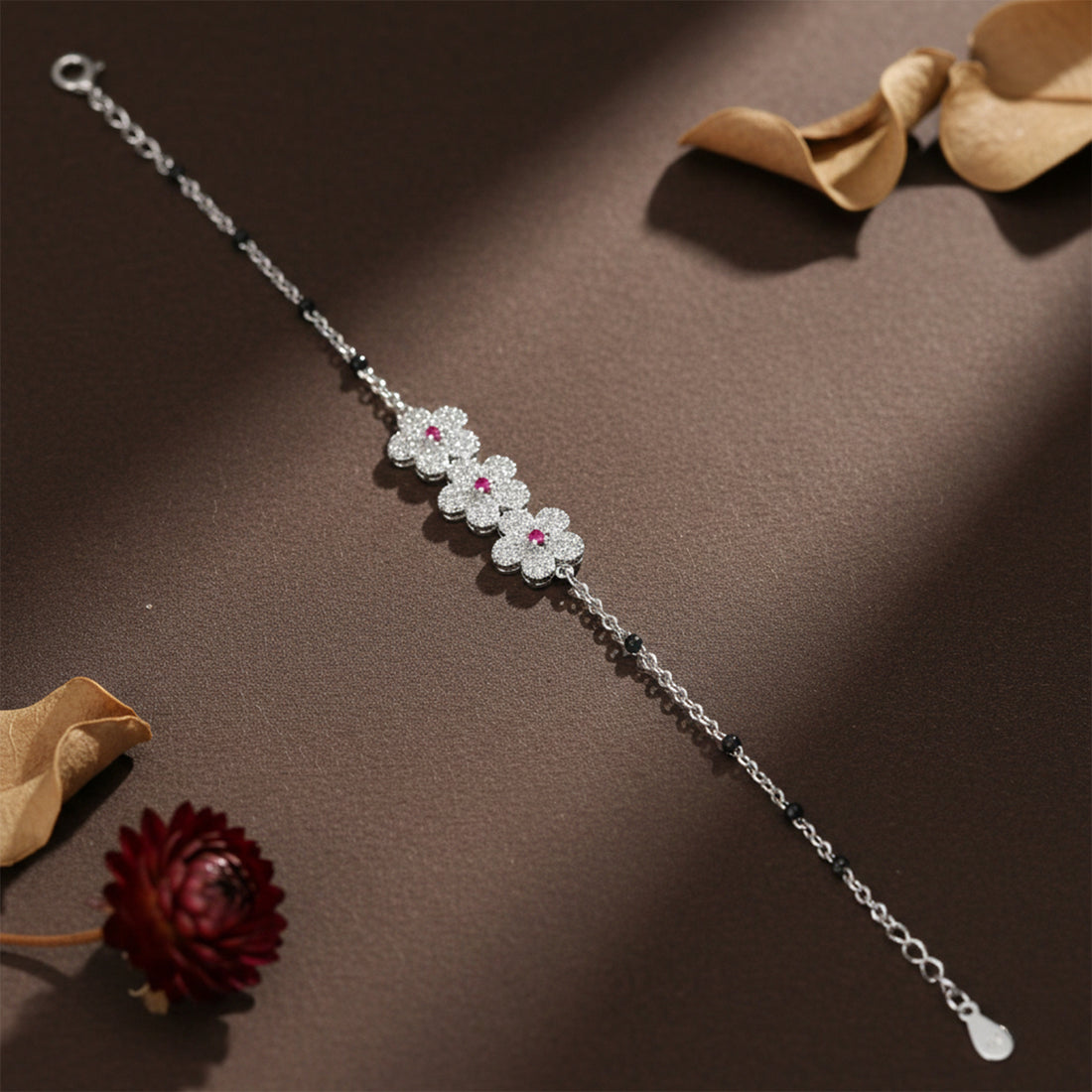 Floral Cluster Pink Stone Silver Bracelet