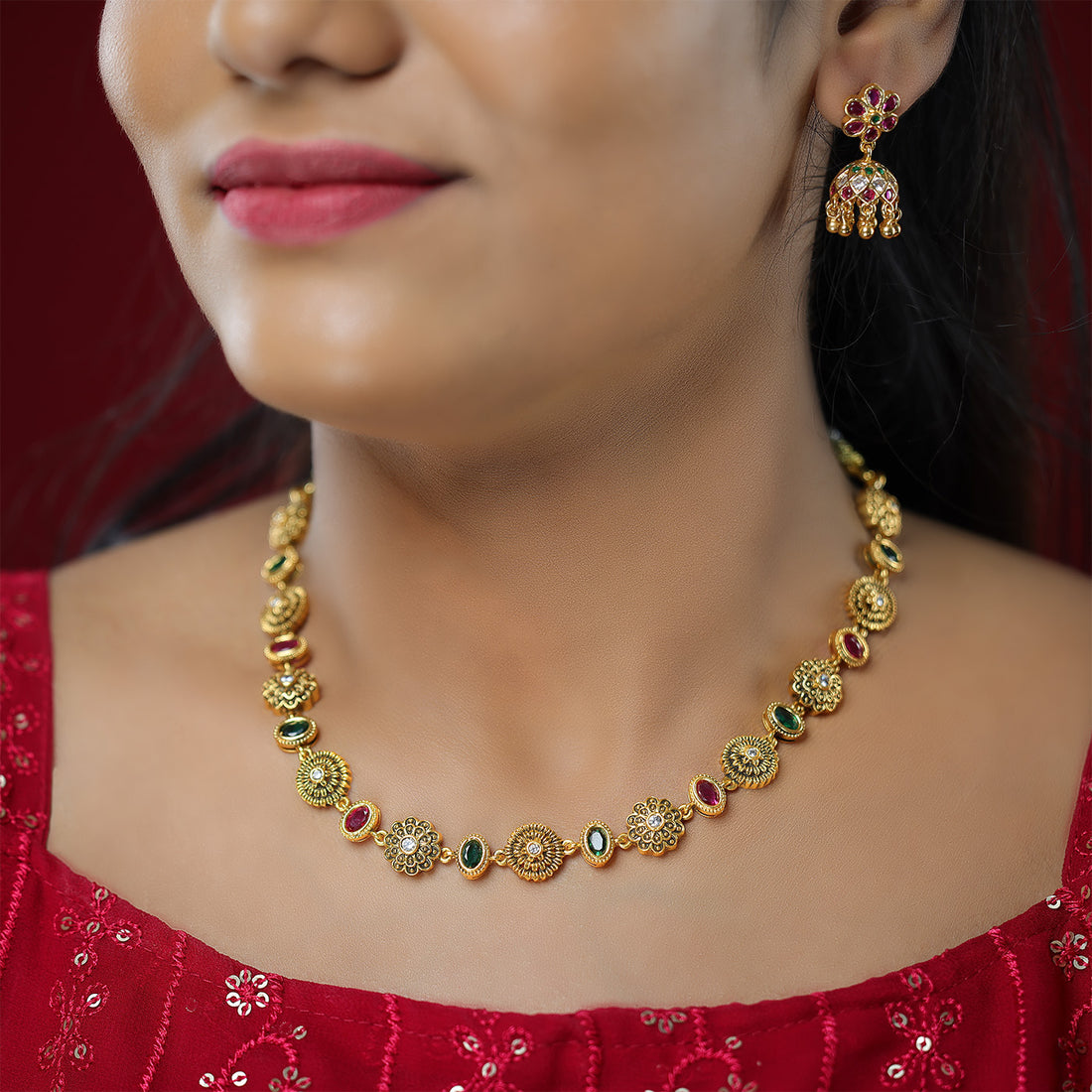 Floral Elegance Red Green Statement 925 Necklace