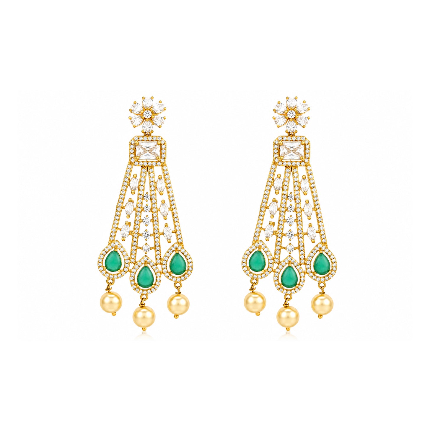Floral Emerald Drop 925 Sterling Silver Chandelier Earrings