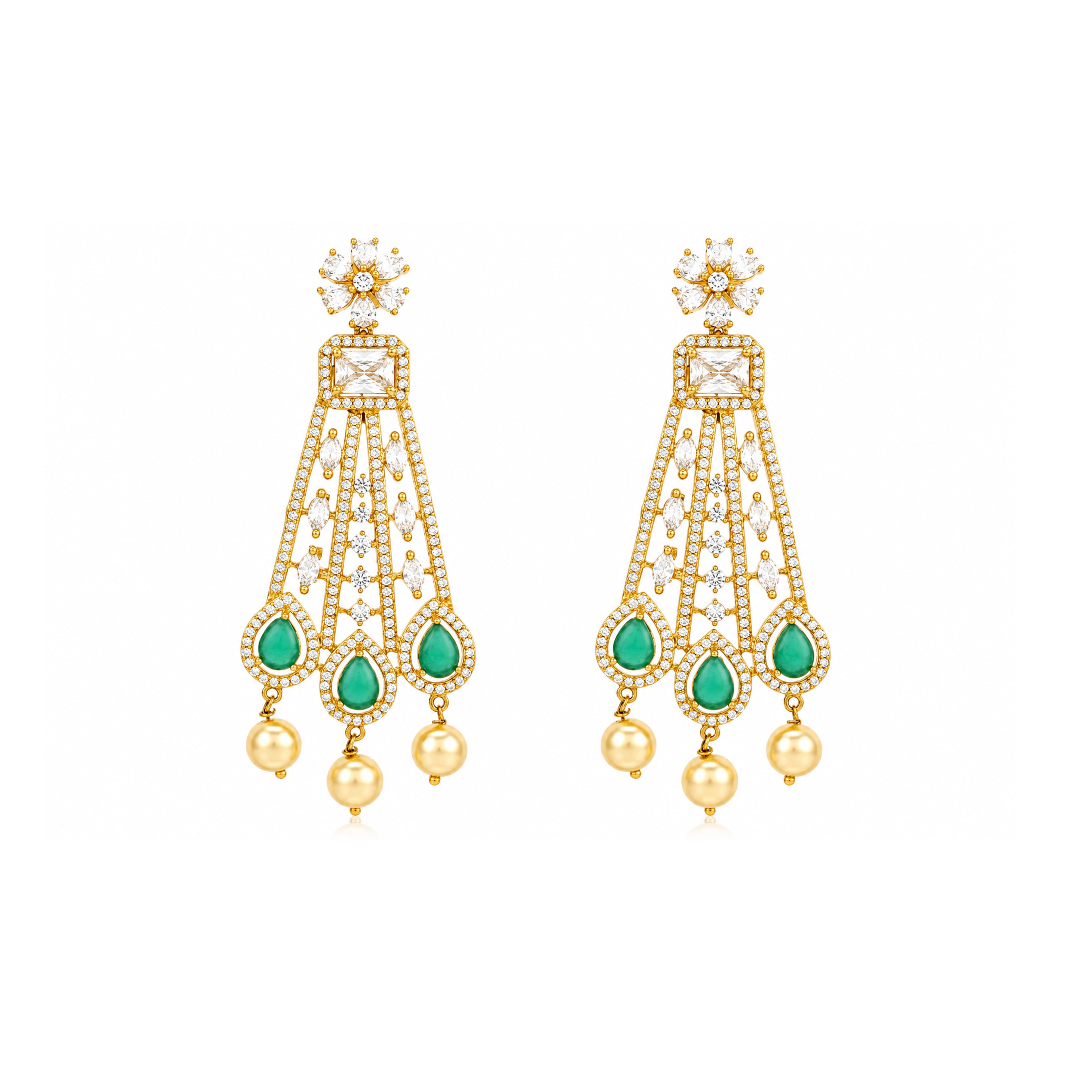 Floral Emerald Drop 925 Sterling Silver Chandelier Earrings