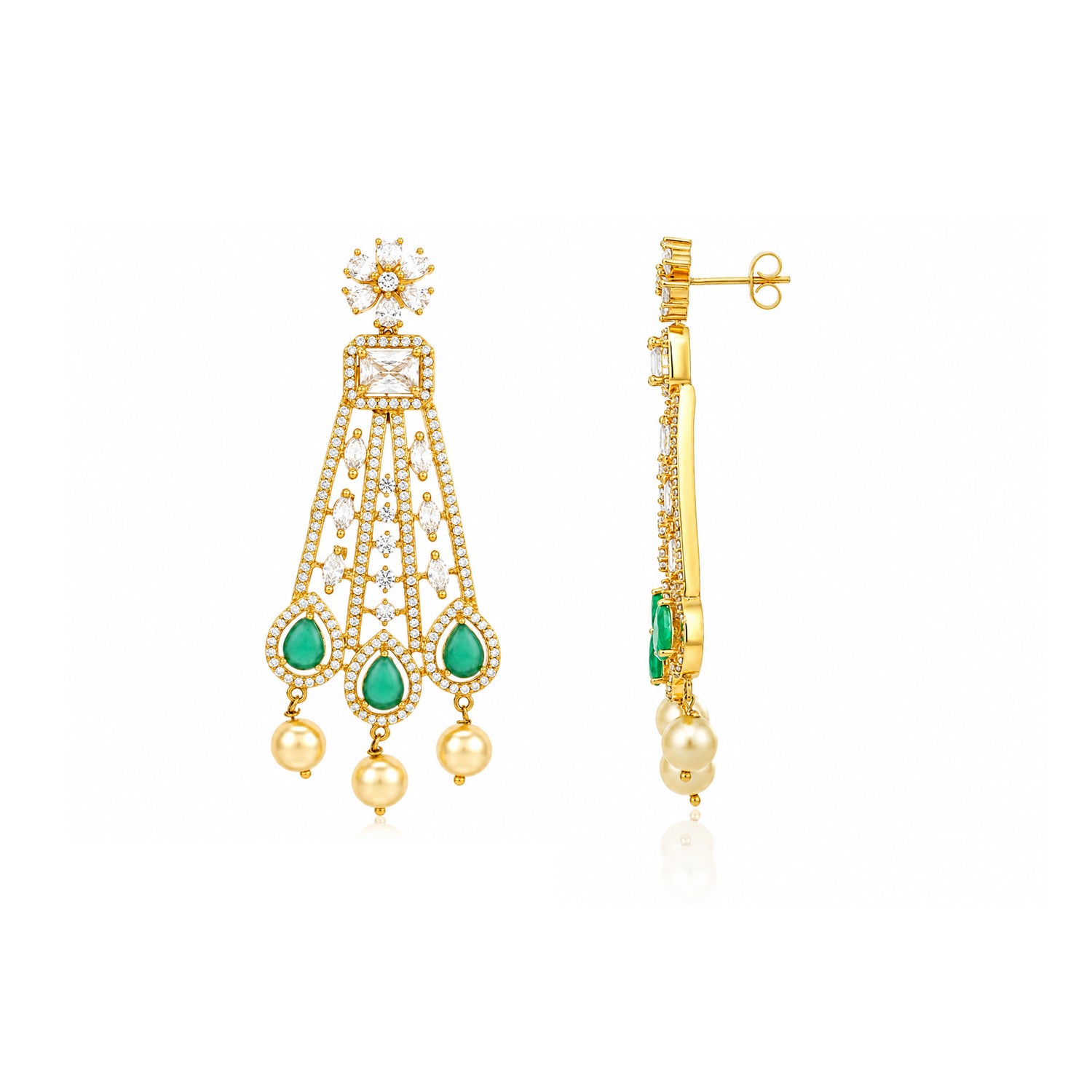 Floral Emerald Drop 925 Sterling Silver Chandelier Earrings