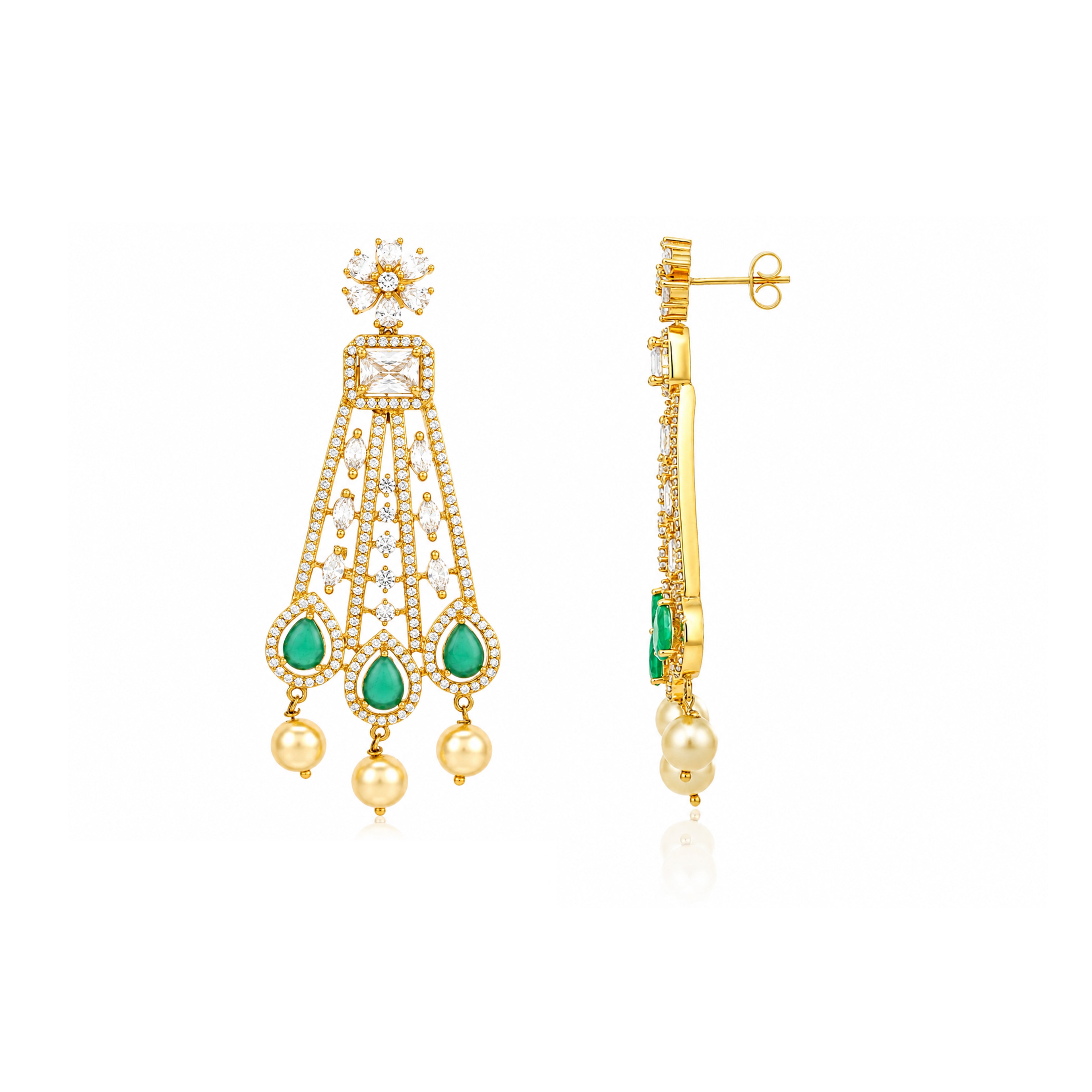 Floral Emerald Drop 925 Sterling Silver Chandelier Earrings