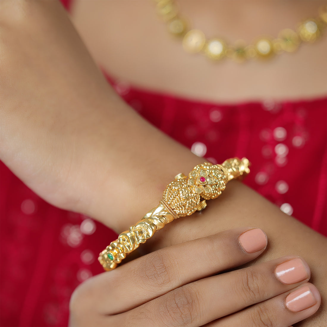 Floral Essence Adorned Red Green 925 Adjustable Kada