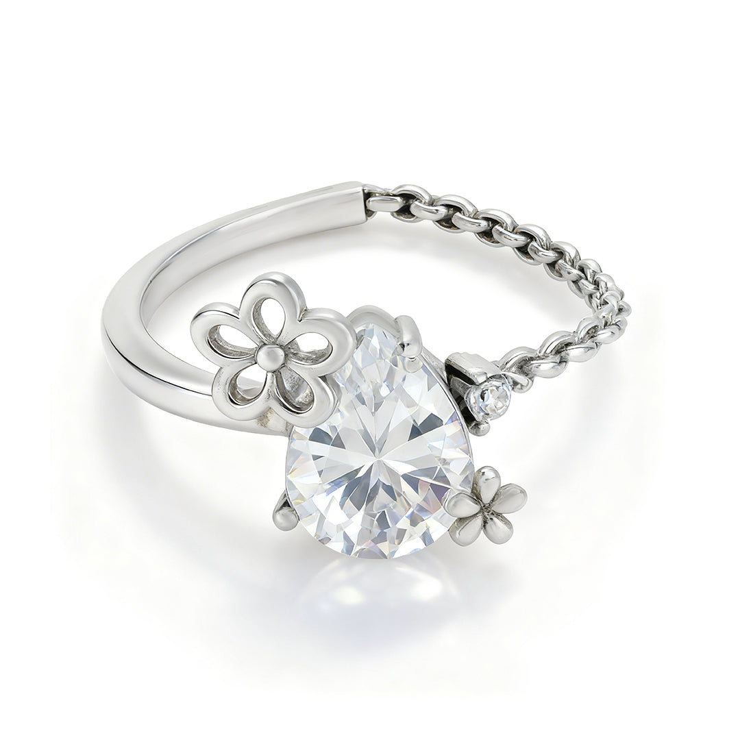 Floral Inspired 925 Sterling Silver White Teardrop Ring for Women