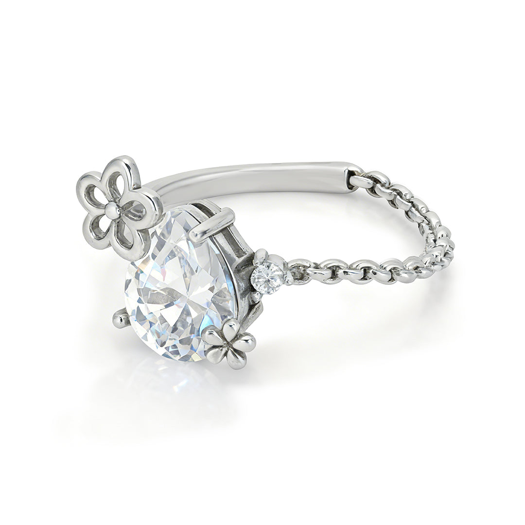 Floral Inspired 925 Sterling Silver White Teardrop Ring for Women